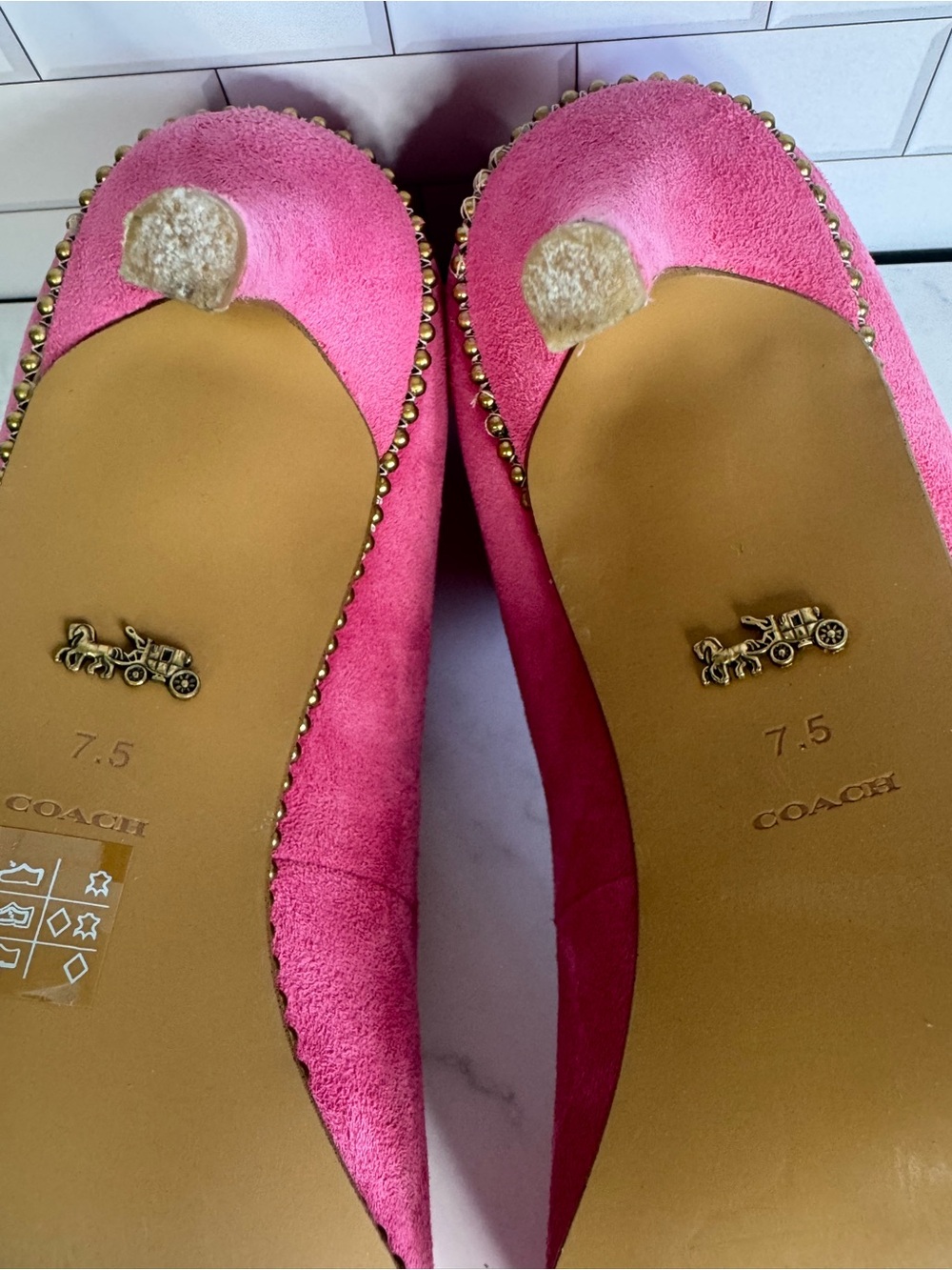 COACH Pink Suede Pointed Toe Pumps with Brass Studded Trim. - Picture 12 of 12